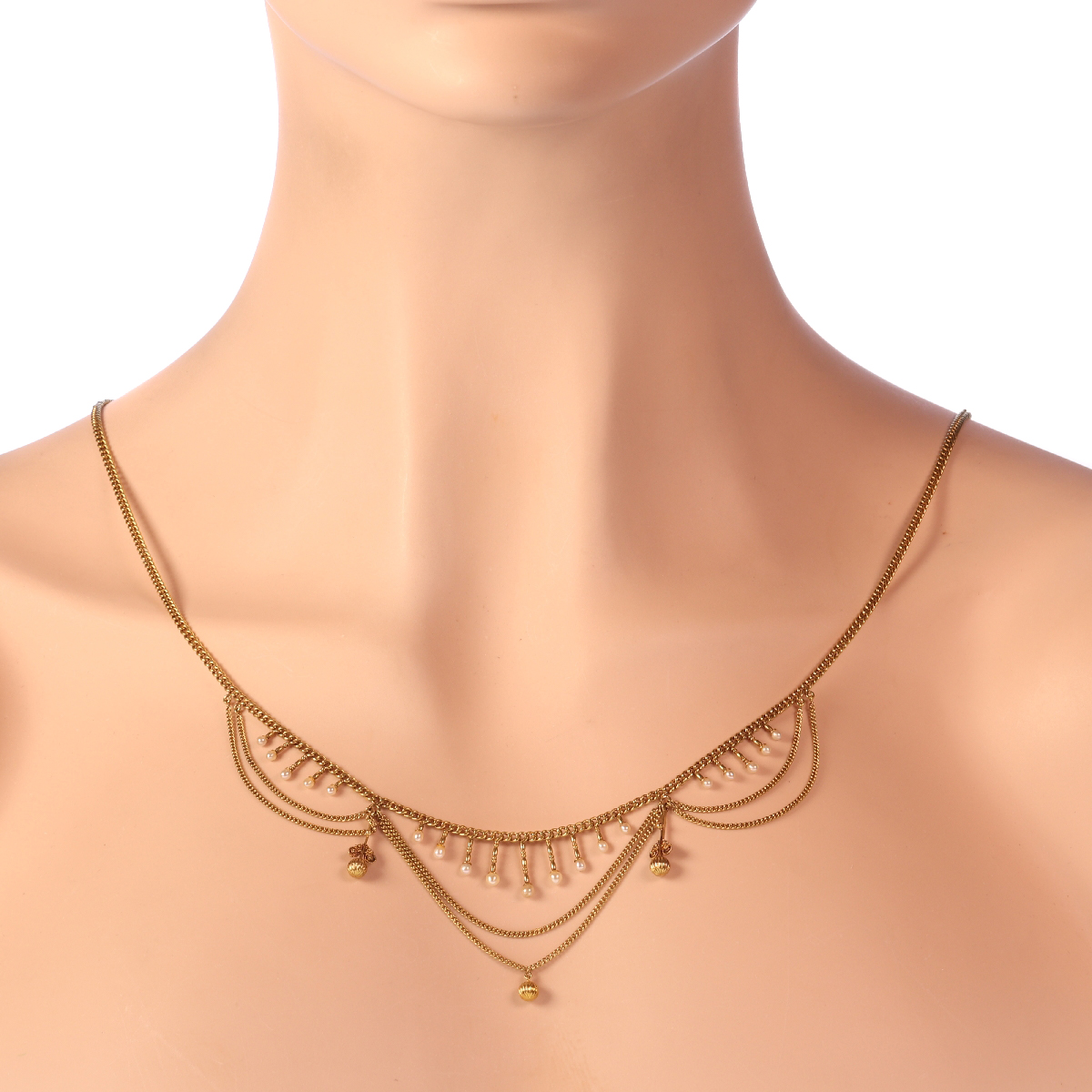 Antique gold bow necklace with natural seed pearls